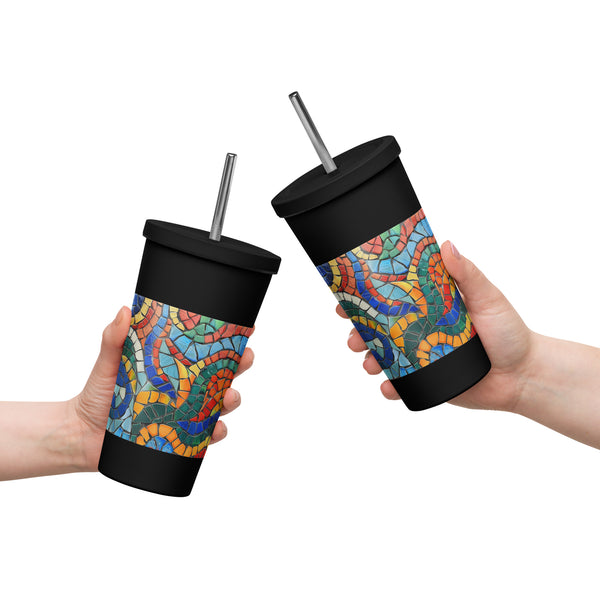 Insulated tumbler with a straw, colorful design