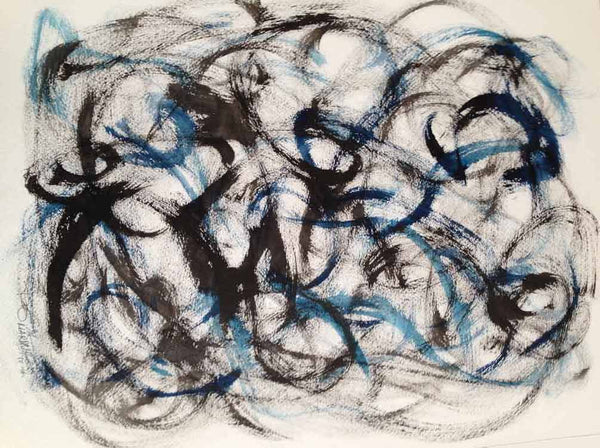 Original Drawing Black Blue White Making Waves, Original Drawing Ink Brushstrock on Watercolor Paper 18"x24" - RegiaArt