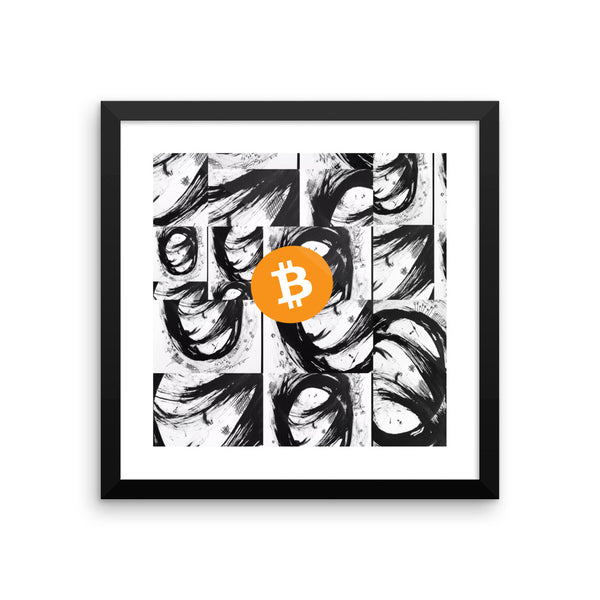 Bitcoin BTC, on Black White Abstract artwork - Framed poster