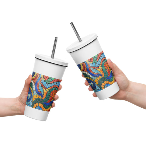 Insulated tumbler with a straw, colorful design