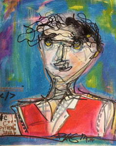 Original Painting Contemporary Tech Guy, Colors Portrait Art Face