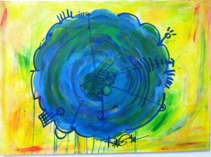 Original Painting Contemporary Abstract Modern Flat Blue Yellow Flower - RegiaArt