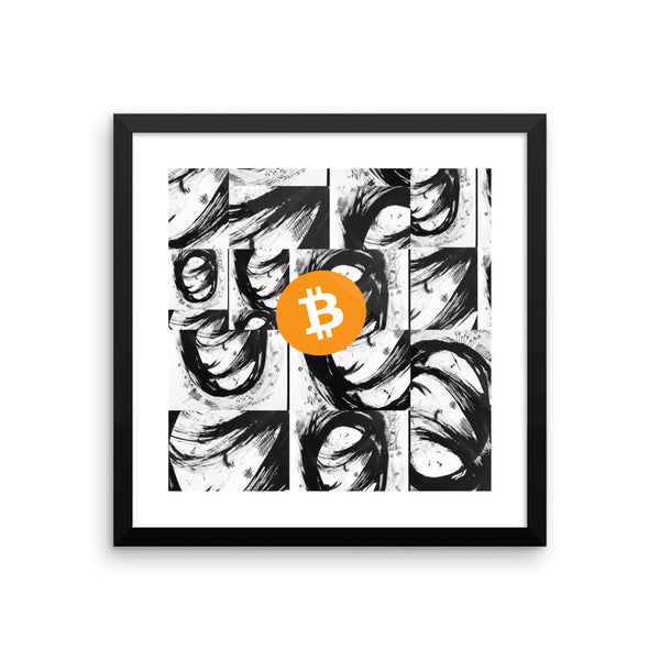 Bitcoin BTC, on Black White Abstract artwork - Framed poster