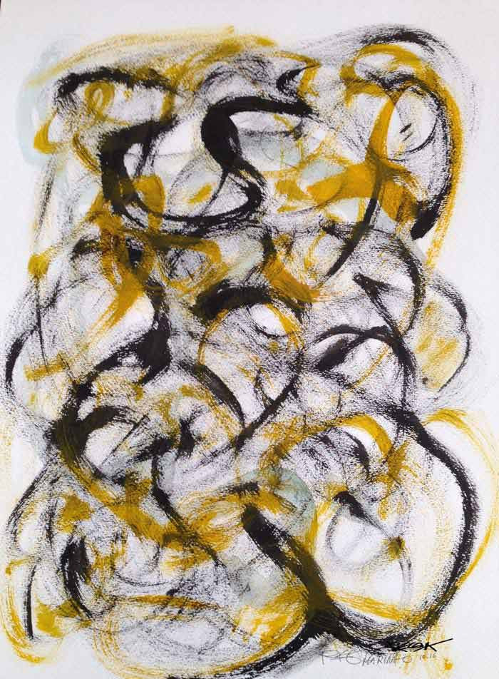 black white yellow original abstract ink painting on paper 18"x24"